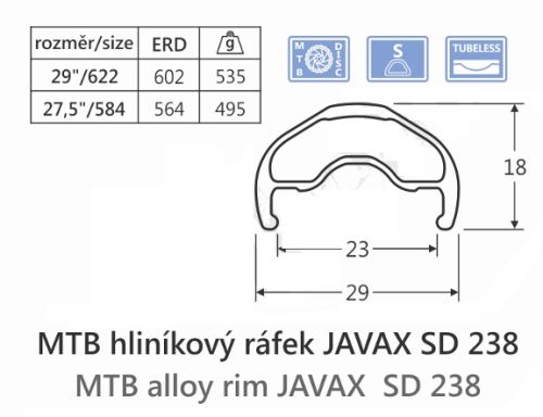 Ráfek JAVAX SD238, 29" - 622-23, Disk, Tubeless Ready, nýtovaný, černý