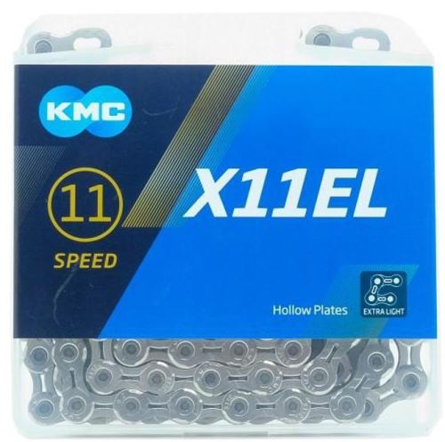 Srebrny łańcuszek KMC X11EL, 11 biegów, 118 ogniw, w pudełku