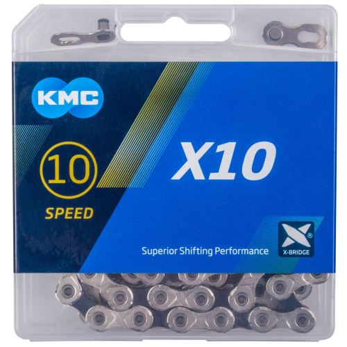 Řetěz KMC X10 stříbrno-černý, 10 rychlostí, 114 článků, balený