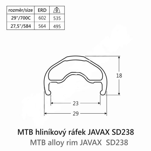 MTB hliníkový ráfek 27.5" JAVAX SD238, 584-23, Disk, nýtovaný, černý