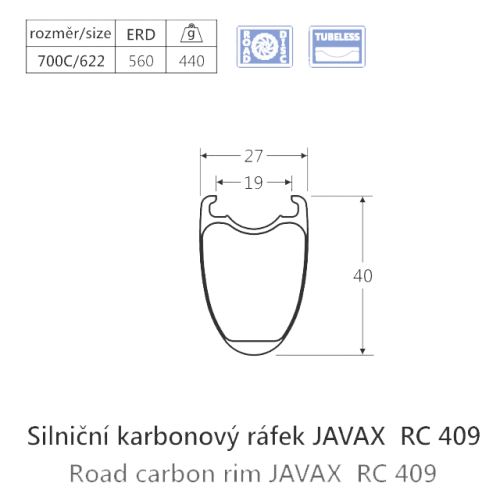 Přední Karbonový ráfek Javax RC409, plášť, Disk, 24d - 4,5°