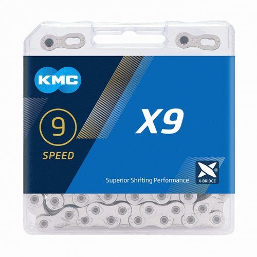 Řetěz KMC X9 stříbrný, 9 rychlostí, 114 článků, balený